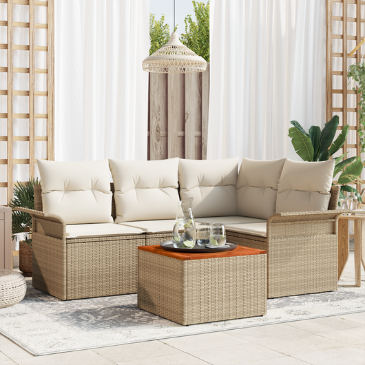 Set divani da giardino 5 pezzi con cuscini beige in polyrattan acacia
