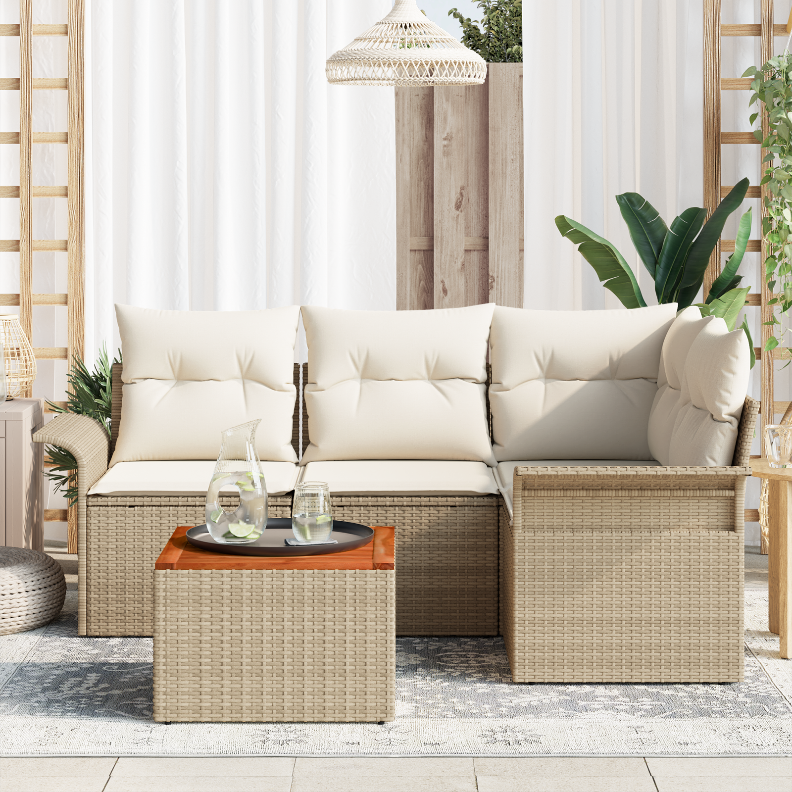 Set divani da giardino 5 pezzi con cuscini beige in polyrattan acacia