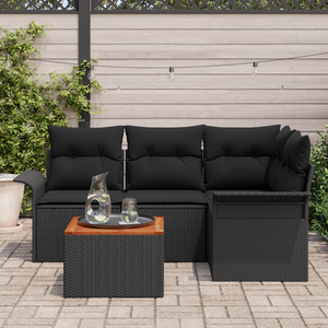 Set divani giardino 5 pezzi con cuscini polyrattan nero e acacia