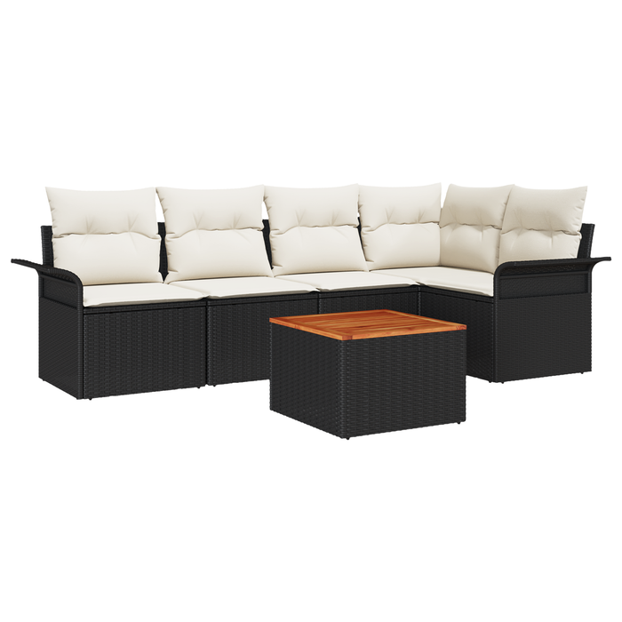 Set Divano da Giardino 6 Pezzi con Cuscini Nero Polyrattan Acacia