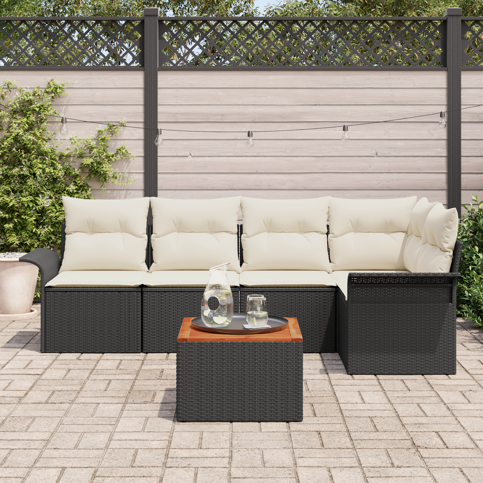Set Divano da Giardino 6 Pezzi con Cuscini Nero Polyrattan Acacia