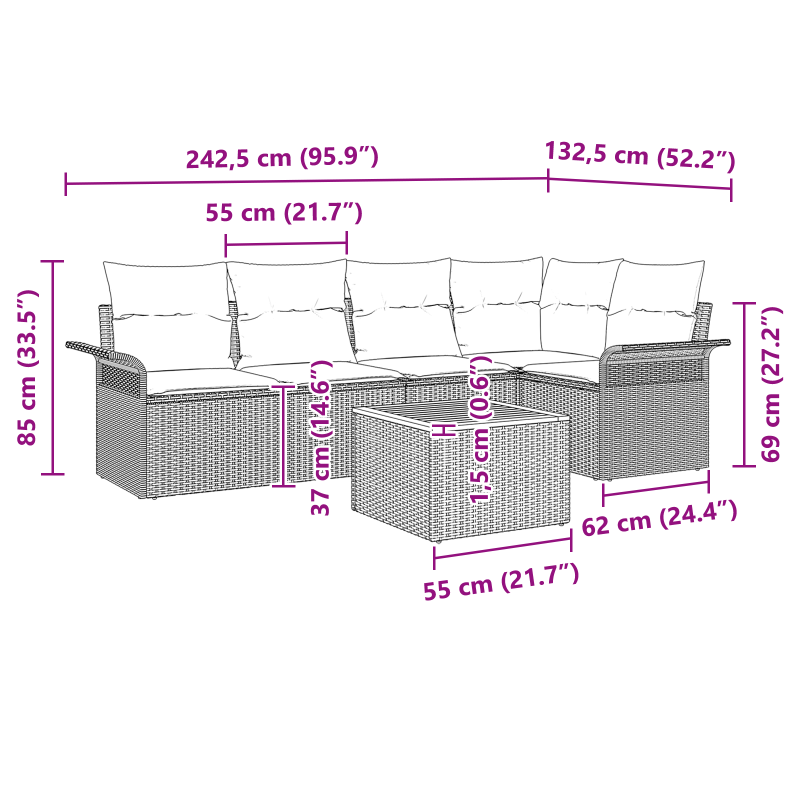 Set Divano da Giardino 6 Pezzi con Cuscini Nero Polyrattan Acacia