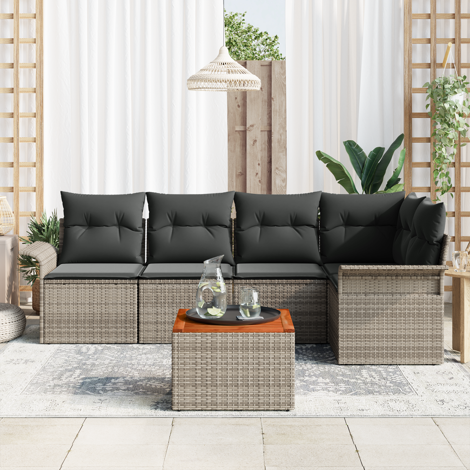 Set Divano da Giardino 6 Pezzi con Cuscini Grigio Polirattan Acacia