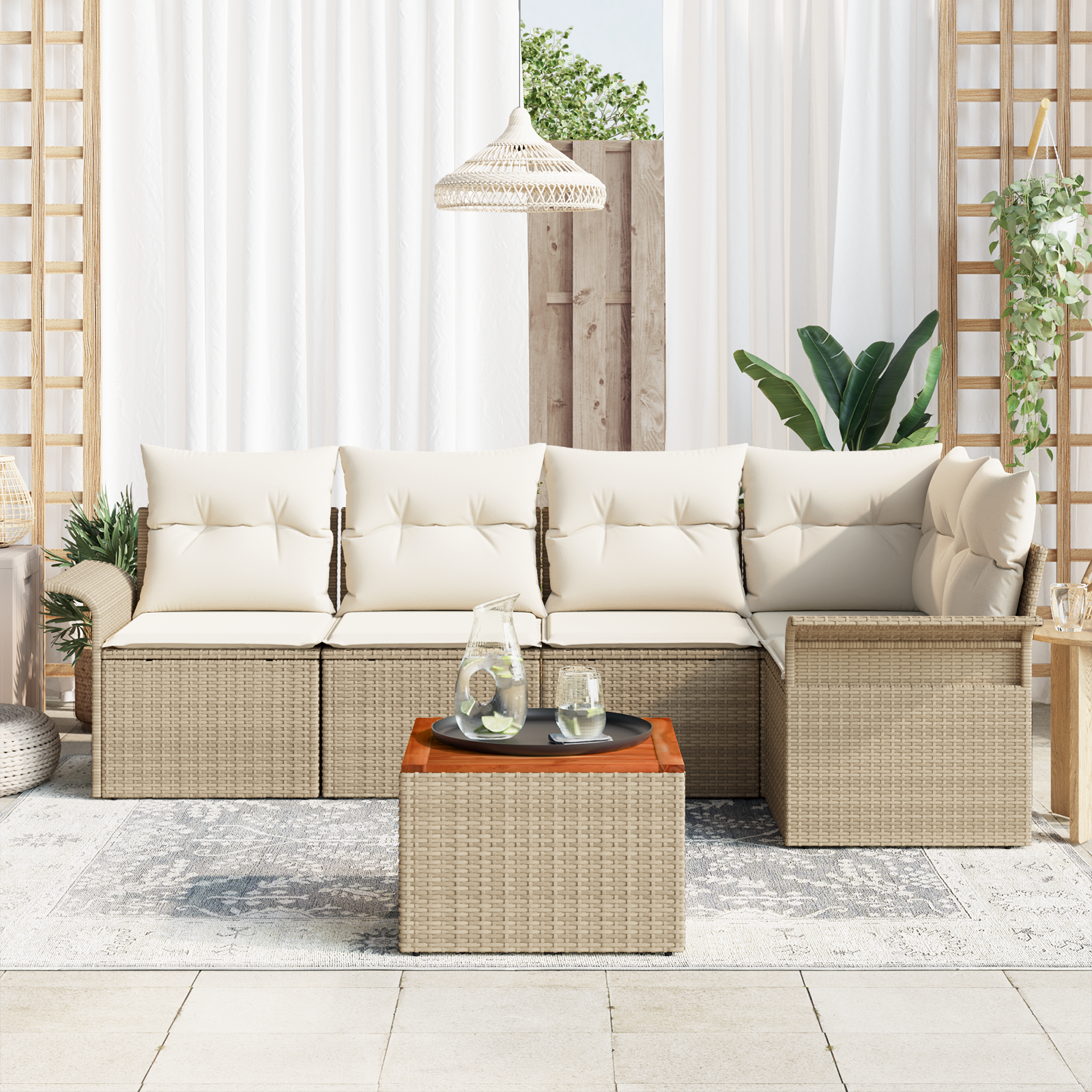 Set Divano da Giardino 6 Pezzi con Cuscini Beige Polyrattan Acacia
