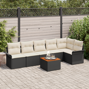 Set di Sofà da Giardino a 7 Pezzi con Cuscini Nero Polyrattan Acacia