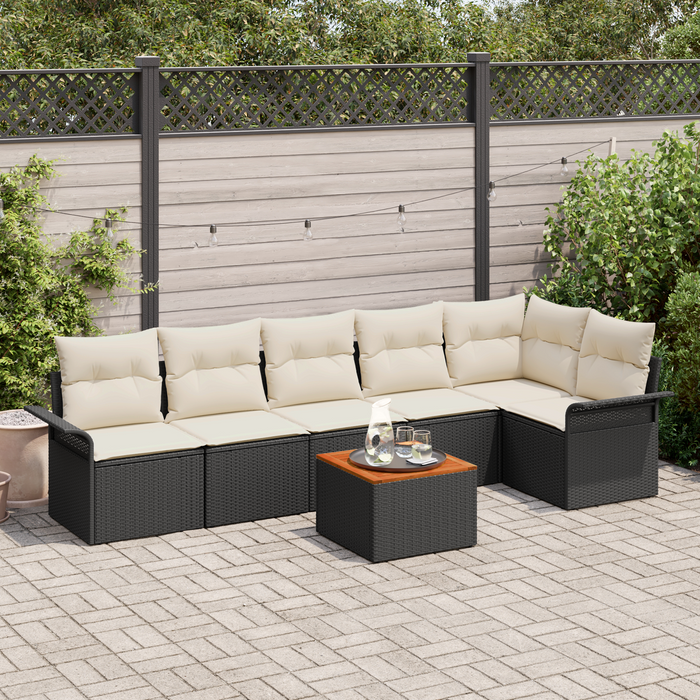Set di Sofà da Giardino a 7 Pezzi con Cuscini Nero Polyrattan Acacia