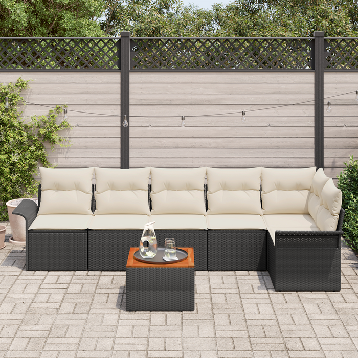 Set di Sofà da Giardino a 7 Pezzi con Cuscini Nero Polyrattan Acacia