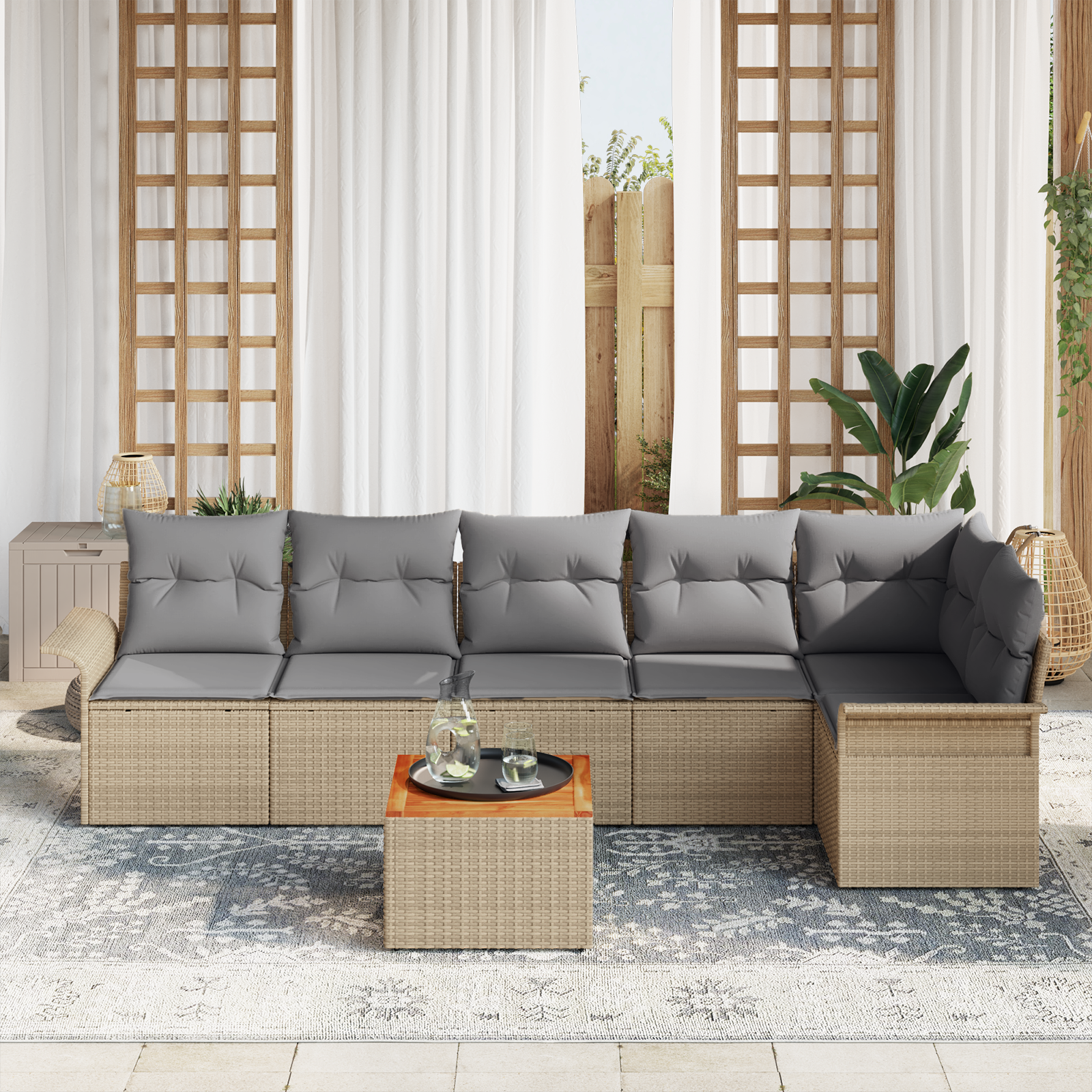 Set divano da giardino di 7 pezzi con cuscini beige polyrattan acacia