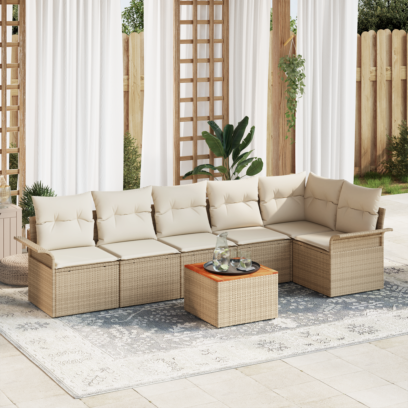 Set Divani Giardino 7 Pezzi Cuscini Beige Poly Rattan Acacia