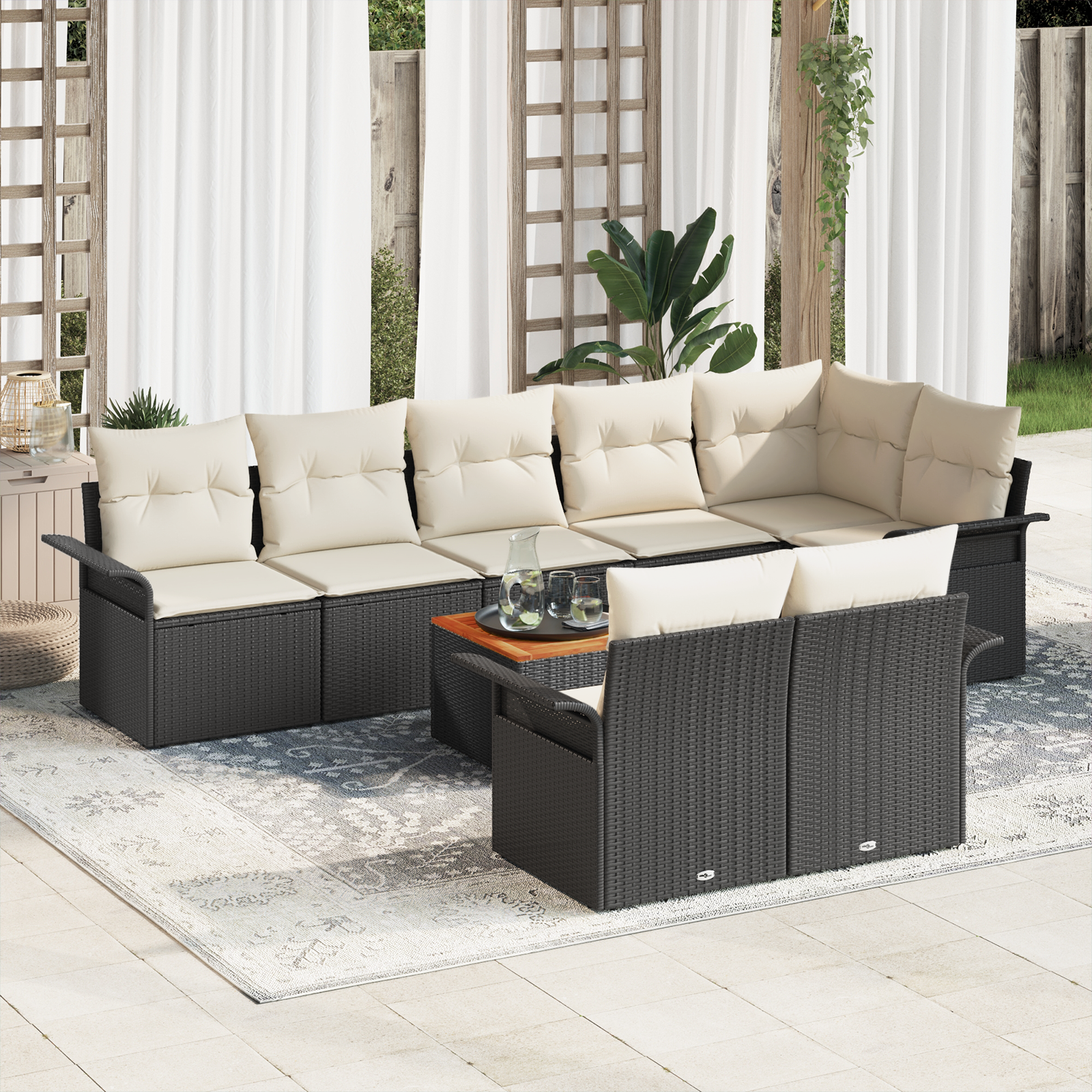 Set divani giardino 9 pezzi con cuscini neri in polirattan e acacia