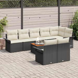 Set divani giardino 9 pezzi con cuscini neri in polirattan e acacia