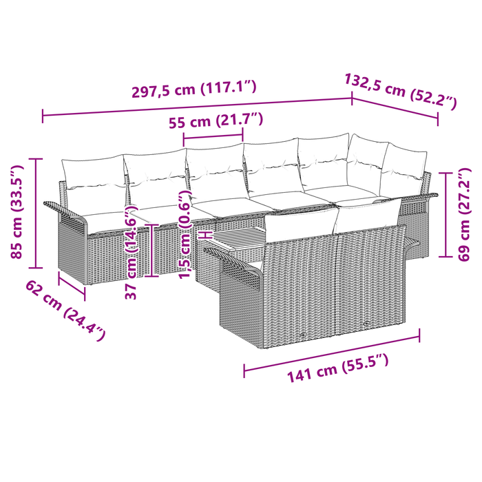 Set divani giardino 9 pezzi con cuscini neri in polirattan e acacia