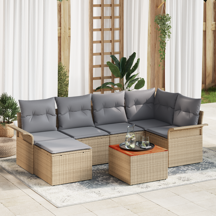 Set Divano da Giardino 7 Pezzi con Cuscini Beige Polyrattan Acacia