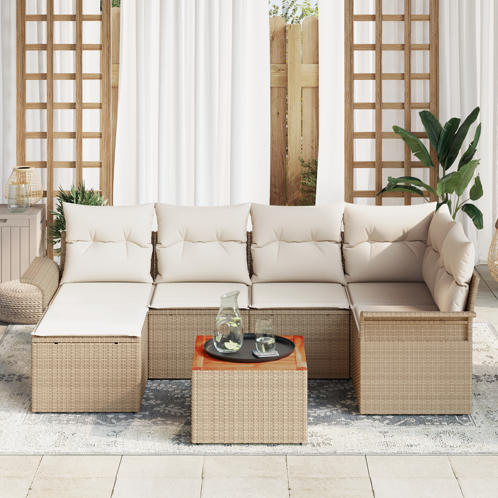 Set Divano Giardino 7 Pezzi con Cuscini Beige in Polyrattan Acacia