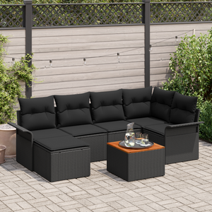 Set Divano Giardino 7 Pezzi con Cuscini Nero in Rattan Polietilenico Acacia