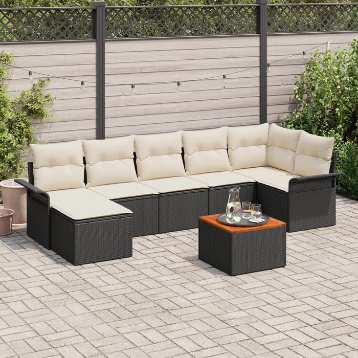Set Divano da Giardino 8 Pezzi con Cuscini Nero Poly Rattan Acacia