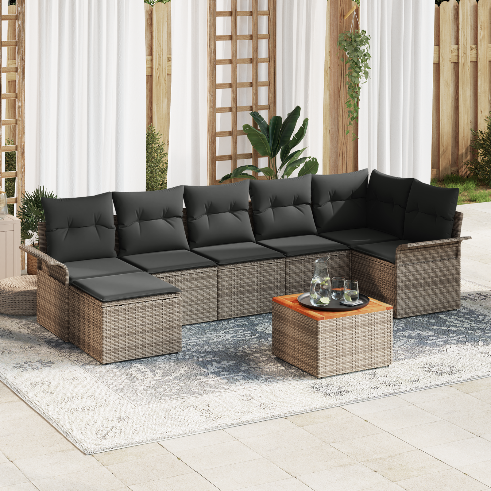 Set di Divano da Giardino a 8 Pezzi con Cuscini Grigio Polirattan Acacia