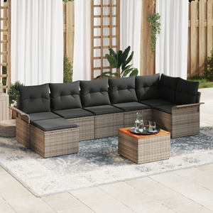 Set di Divano da Giardino a 8 Pezzi con Cuscini Grigio Polirattan Acacia