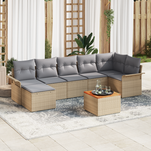 Set Divano da Giardino di 8 Pezzi con Cuscini Beige in Polyrattan e Acacia