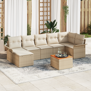 Set Divano Giardino da 8 Pezzi con Cuscini Beige in Poly Rattan Acacia