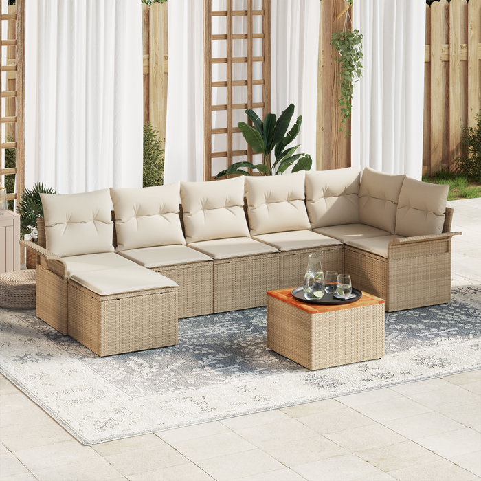 Set Divano Giardino da 8 Pezzi con Cuscini Beige in Poly Rattan Acacia