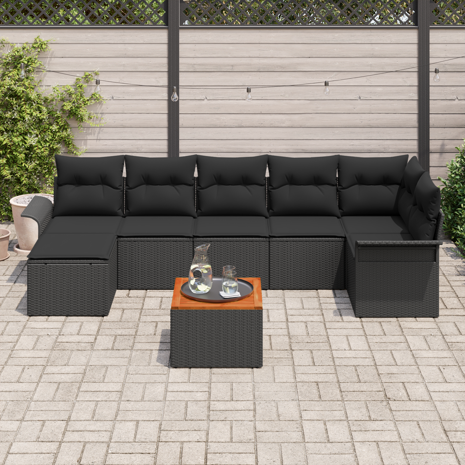 Set Divano Giardino 8 Pezzi con Cuscini Nero Polyrattan Acacia