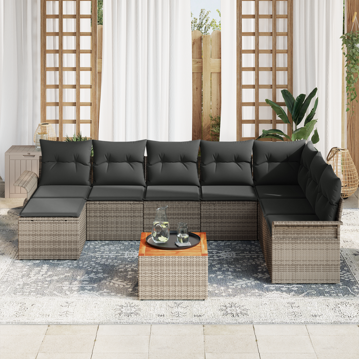 Set Divano da Giardino da 9 Pezzi con Cuscini Grigio Polyrattan Acacia