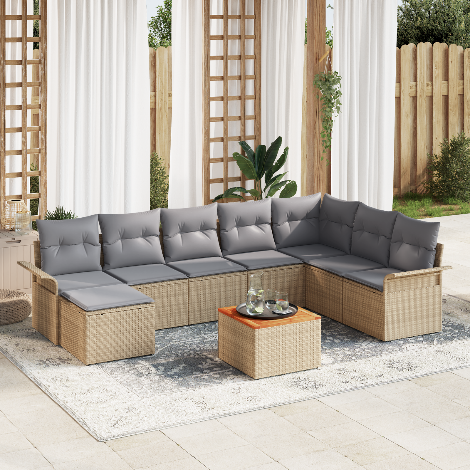 Set Divano Giardino da 9 Pezzi con Cuscini Beige Polyrattan Acacia
