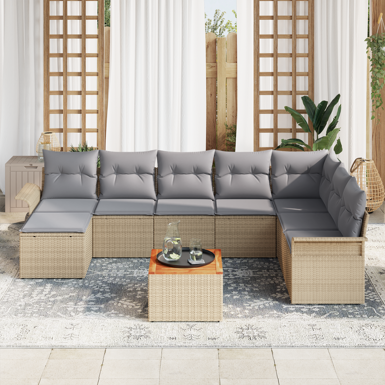 Set Divano Giardino da 9 Pezzi con Cuscini Beige Polyrattan Acacia
