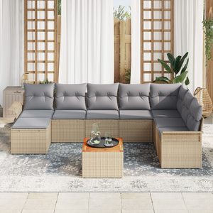 Set Divano Giardino da 9 Pezzi con Cuscini Beige Polyrattan Acacia