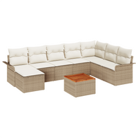 Set Divano da Giardino di 9 Pezzi con Cuscini Beige Rattan Poliacacia
