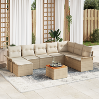 Set Divano da Giardino di 9 Pezzi con Cuscini Beige Rattan Poliacacia