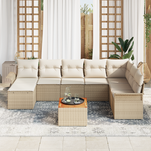 Set Divano da Giardino di 9 Pezzi con Cuscini Beige Rattan Poliacacia