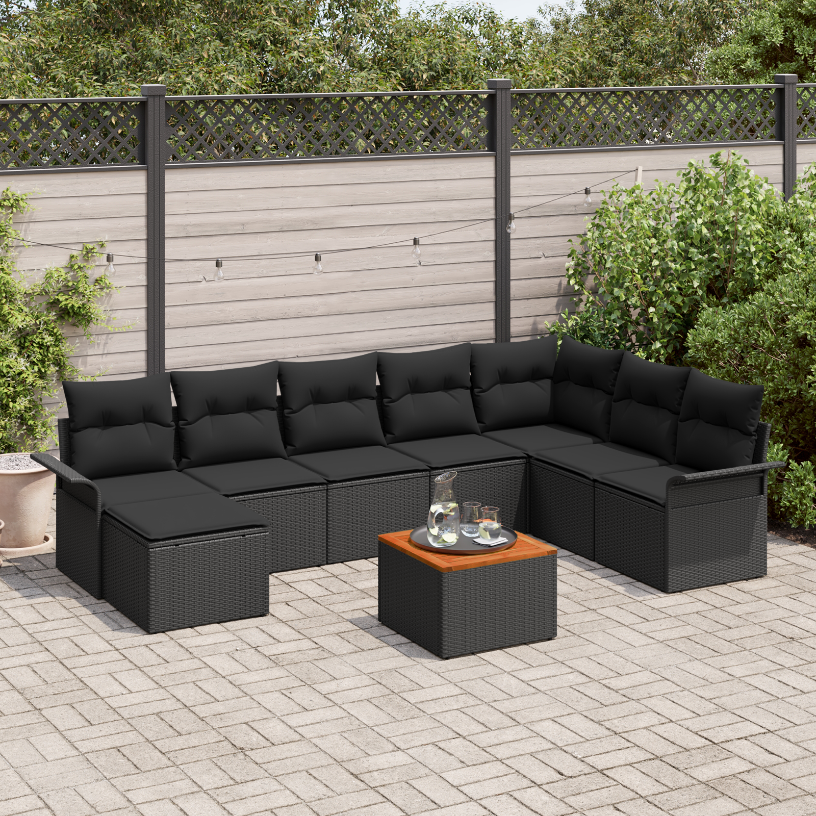 Set Divano Giardino 9 Pezzi con Cuscini Nero Polyrattan Acacia