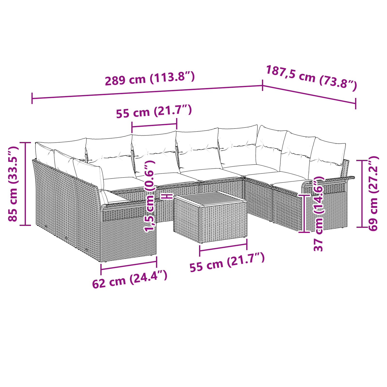 Set Divano da Giardino 10 Pezzi con Cuscini Nero in Polyrattan e Acacia