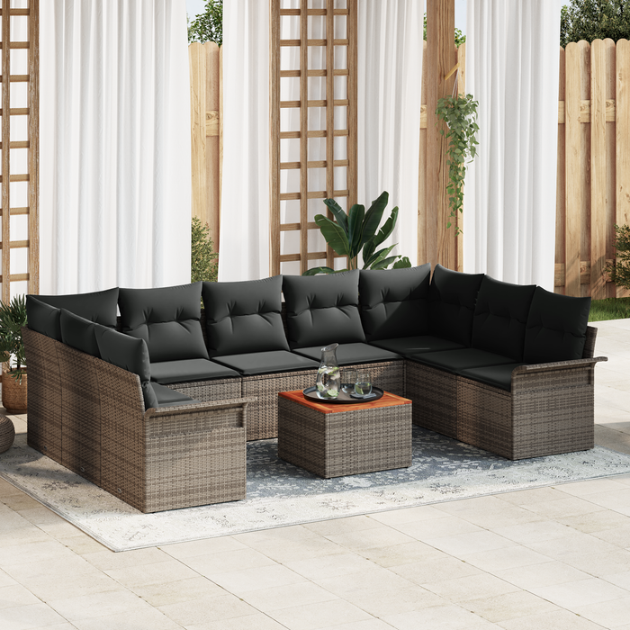 Set di Divani da Giardino da 10 Pezzi con Cuscini Grigio Polyrattan Acacia