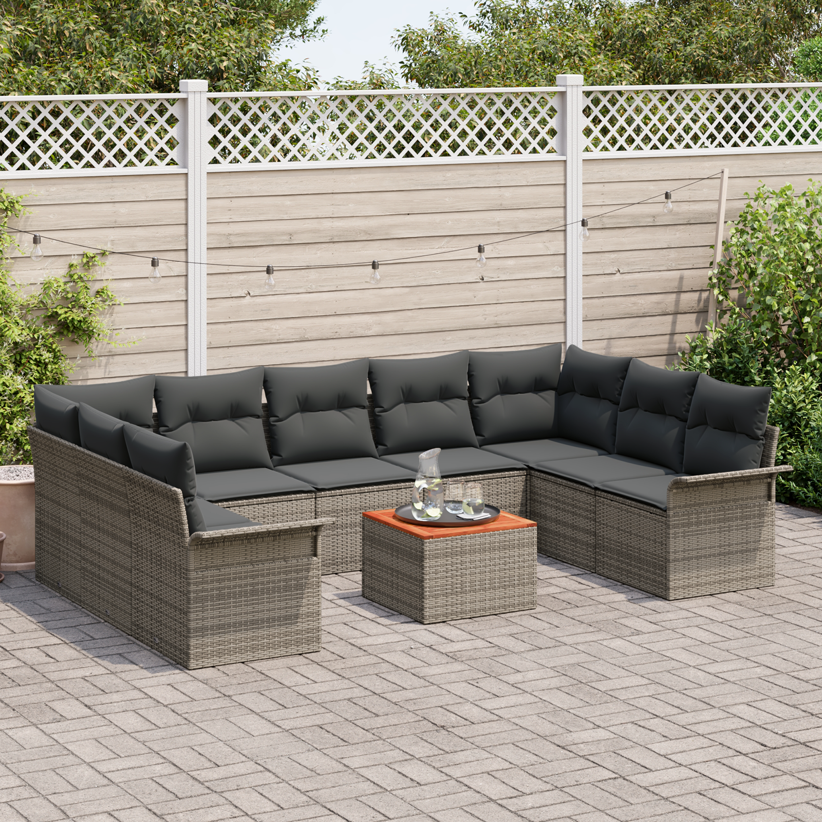 Set di Divani da Giardino da 10 Pezzi con Cuscini Grigio Polyrattan Acacia