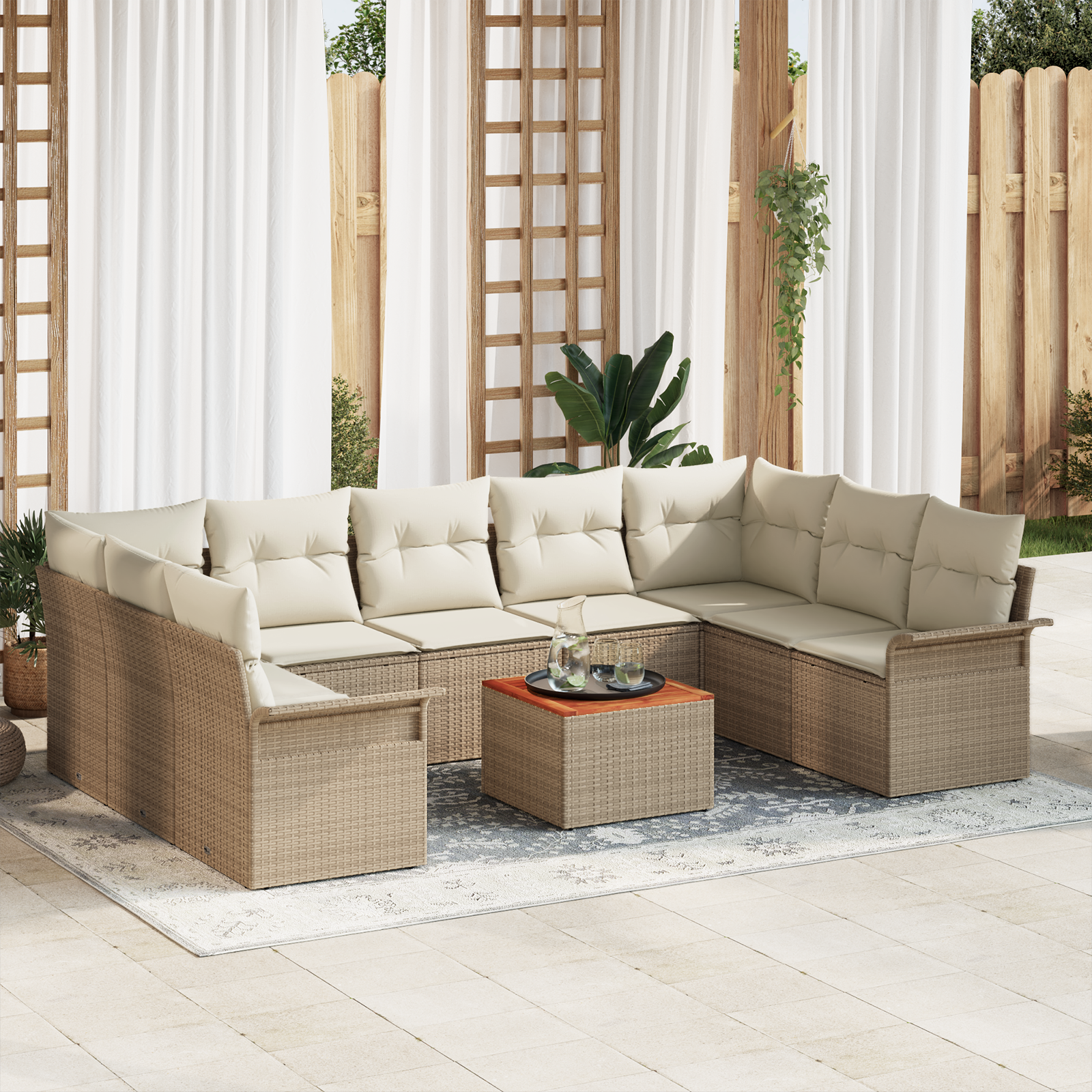 Set da Giardino 10 Pezzi con Cuscini Beige Rattan Acacia