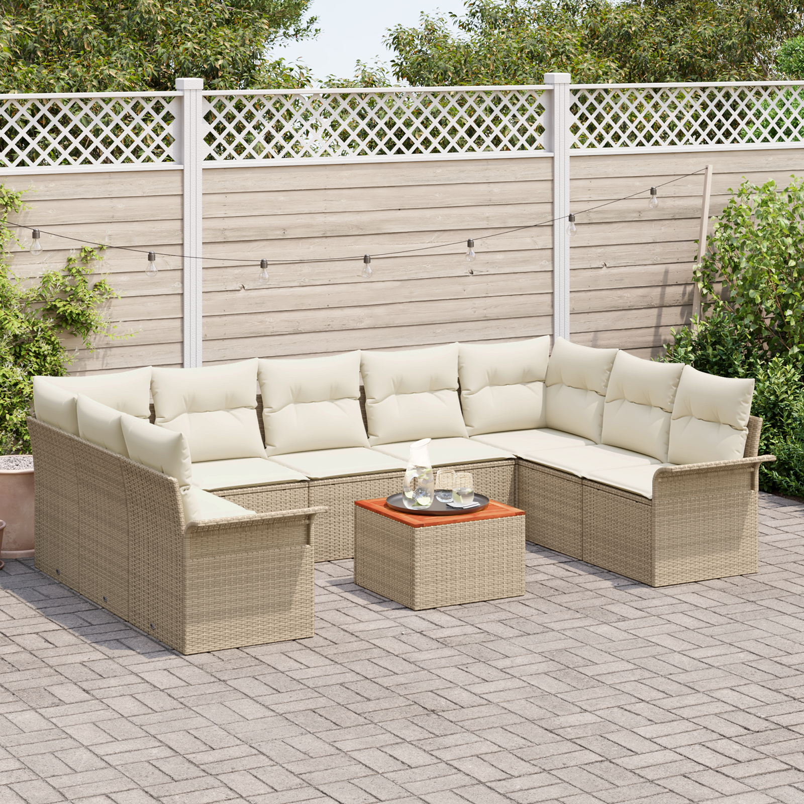 Set da Giardino 10 Pezzi con Cuscini Beige Rattan Acacia