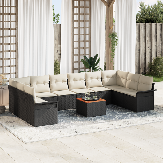 Set di divano da giardino 11 pezzi con cuscini neri in polyrattan di acacia
