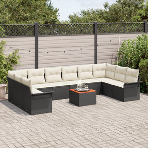 Set di divano da giardino 11 pezzi con cuscini neri in polyrattan di acacia