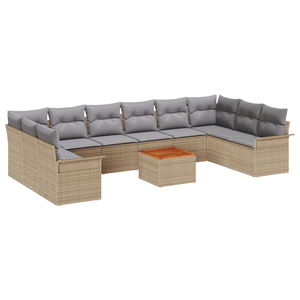 Set Divano da Giardino 11 Pezzi con Cuscini Beige Rattan Acacia