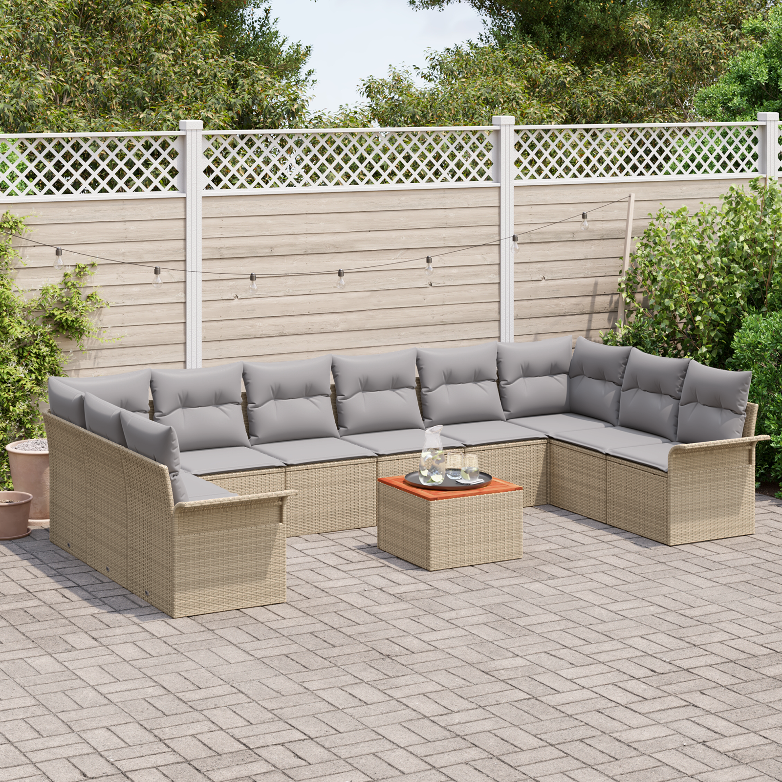 Set Divano da Giardino 11 Pezzi con Cuscini Beige Rattan Acacia