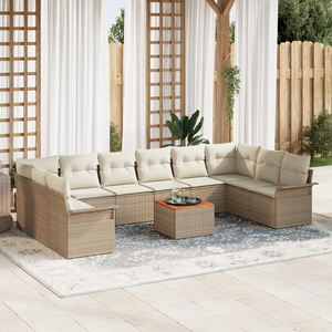 Set da Giardino in 11 Pezzi con Cuscini Beige Rattan Poliestere