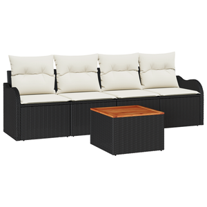 Set da giardino con 5 pezzi e cuscini in polyrattan nero acacia