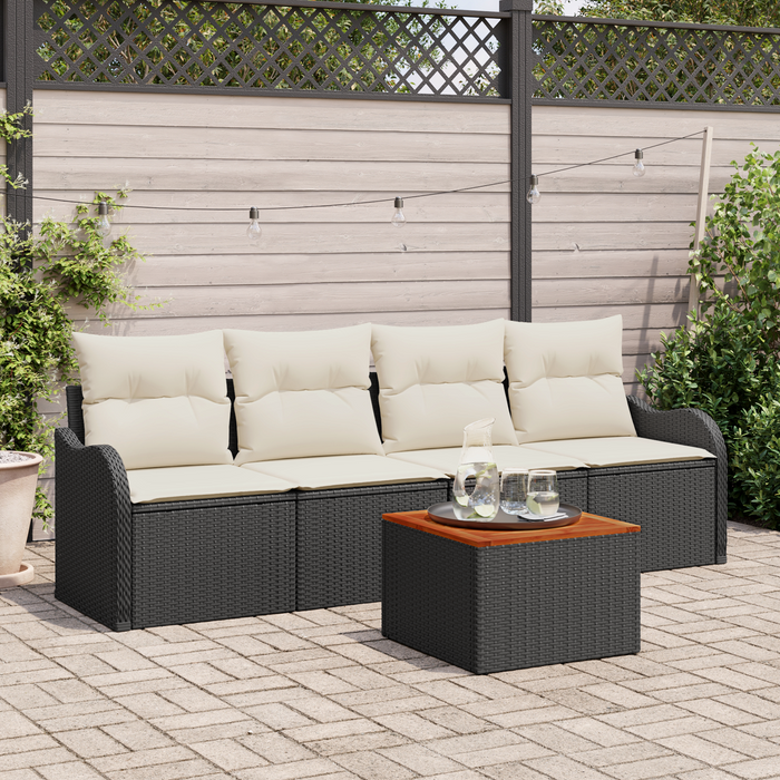 Set da giardino con 5 pezzi e cuscini in polyrattan nero acacia