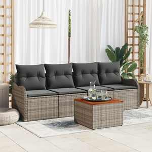 Set di divani da giardino a 5 pezzi con cuscini Grigio Polyrattan Acacia