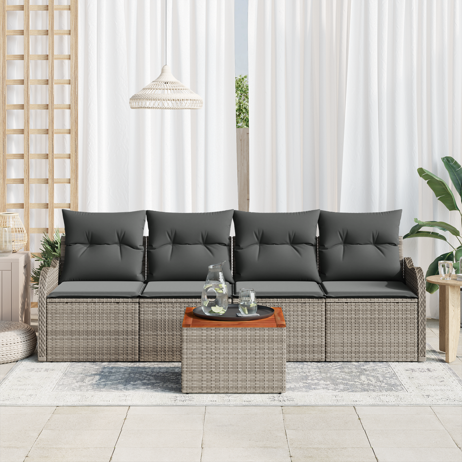 Set di divani da giardino a 5 pezzi con cuscini Grigio Polyrattan Acacia