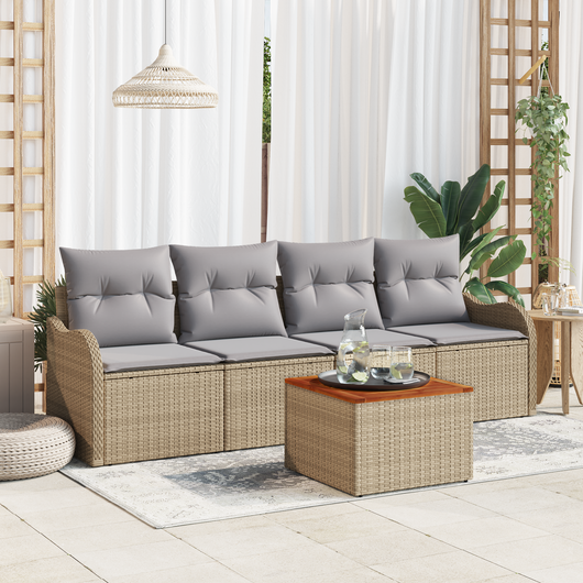 Set Divani Giardino con Cuscini Beige Rattan Acacia 5 Pezzi
