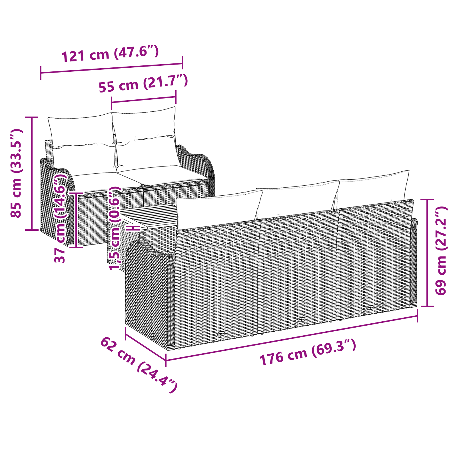 Set Divano Giardino  6 Pezzi Cuscini Grigio Polyrattan Acacia